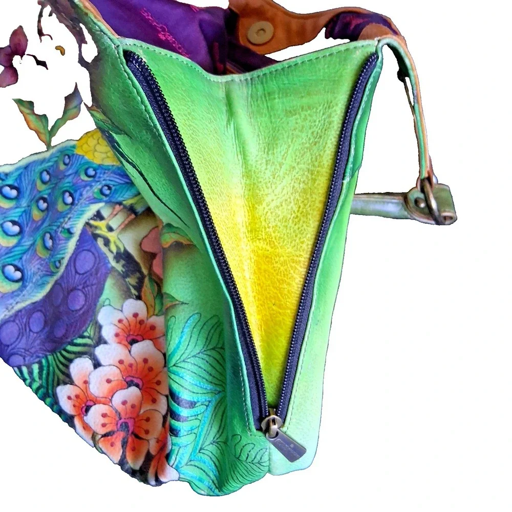 Anuschka Hand-Painted Leather Hobo Bag Peacocks Two sided Painting